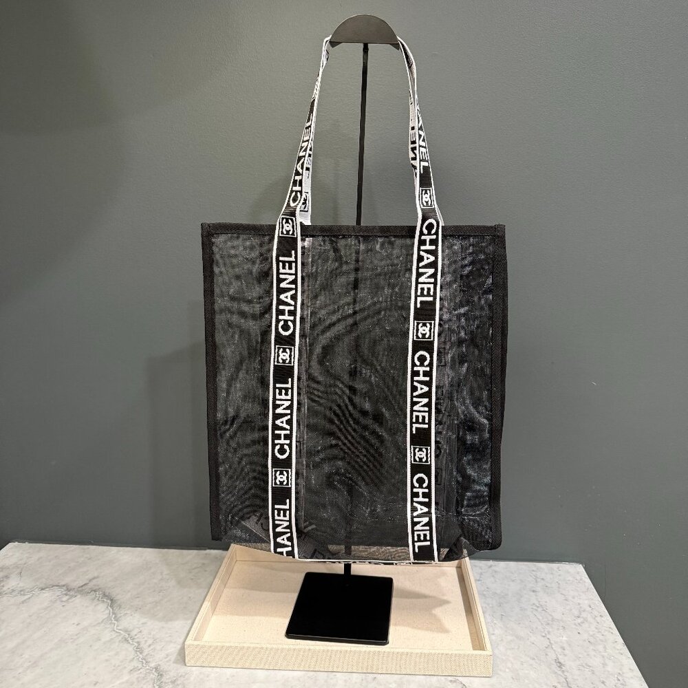 Chanel Black Mesh Logo Strap Tote Bag